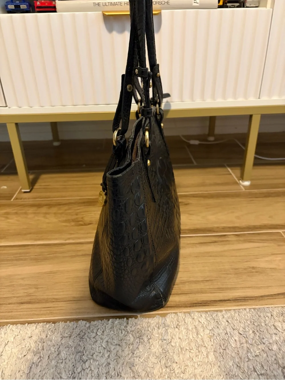 Brahmin Black Croc Embossed Leather Tote Bag Shoulder Purse Gold Hardware Large - Picture 8 of 15
